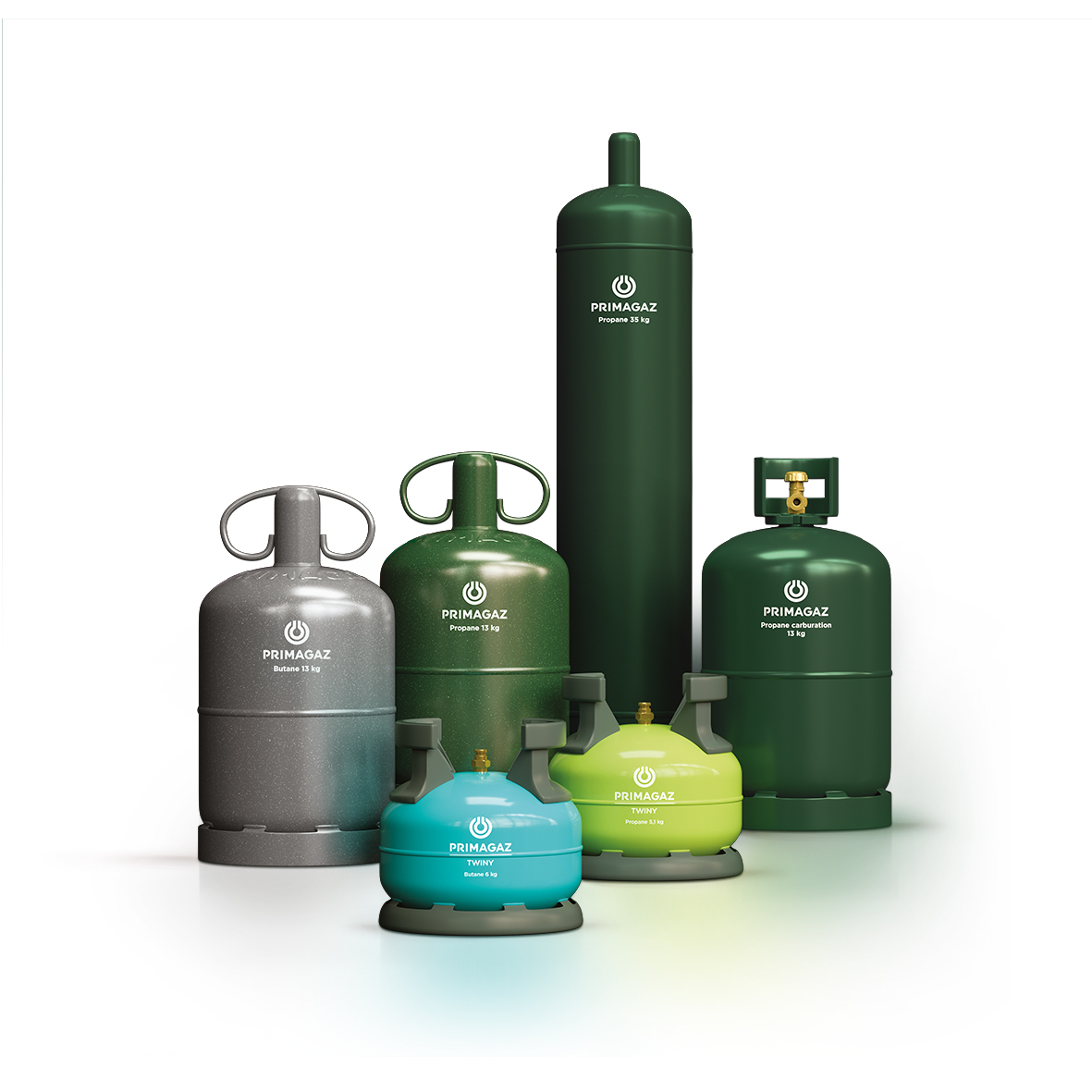 Toute la gamme de bouteilles de gaz Primagaz pour les professionnels : la bouteille grise butane, une bouteille verte 13kg, une bouteille verte 35kg, une bouteille Twiny verte propane 5kg, une bouteille Twiny bleue butane 5kg et la bouteille carburation